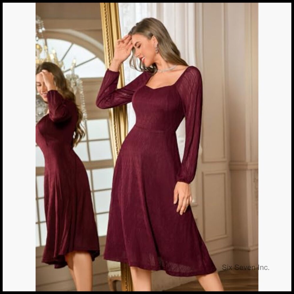 Nylon Spandex Lace Formal Dress Sweetheart Neck Long Sleeve Midi - Picture 2 of 7